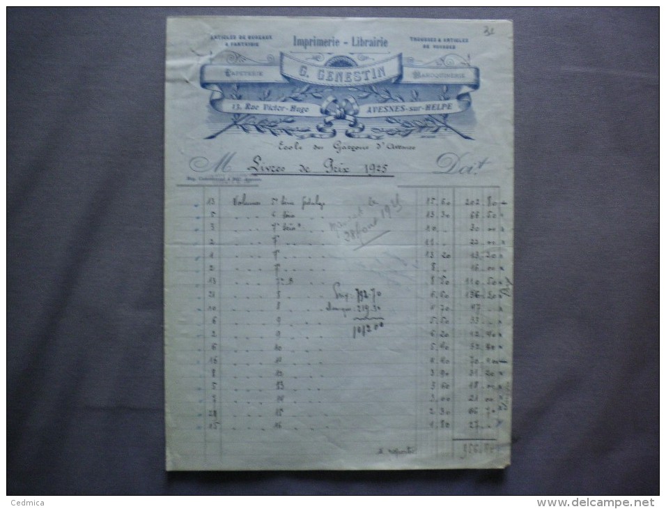 AVESNES SUR HELPE G.GENESTIN IMPRIMERIE LIBRAIRIE  13 RUE VICTOR HUGO FACTURE DE 1925 - Stamperia & Cartoleria