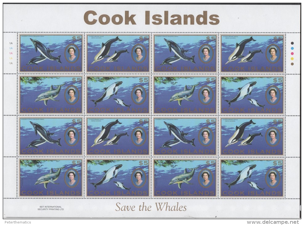 COOK ISLANDS, 2007, MNH, DEFINITIVES, DOLPHINS, WHALES, 4 HIGH VALUES IN UNCUT SHEETLET OF 16v , CV.160EUROS! - Dolphins