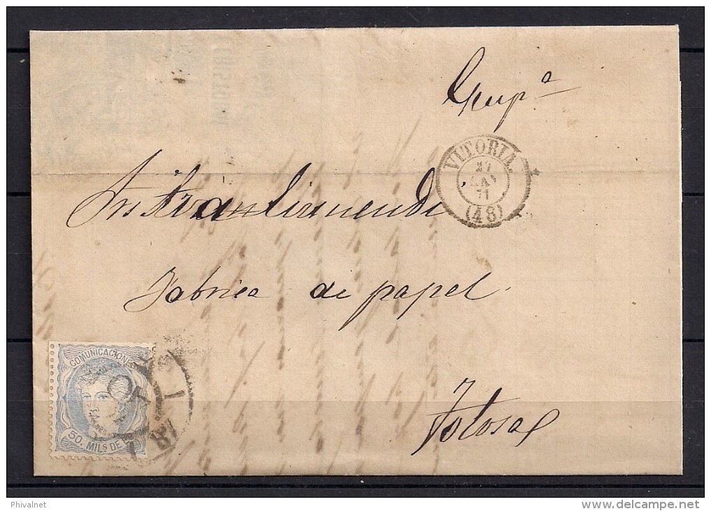 1871 , ALAVA , CARTA CIRCULADA ENTRE VITORIA Y TOLOSA , RUEDA DE CARRETA Nº 48 - Storia Postale