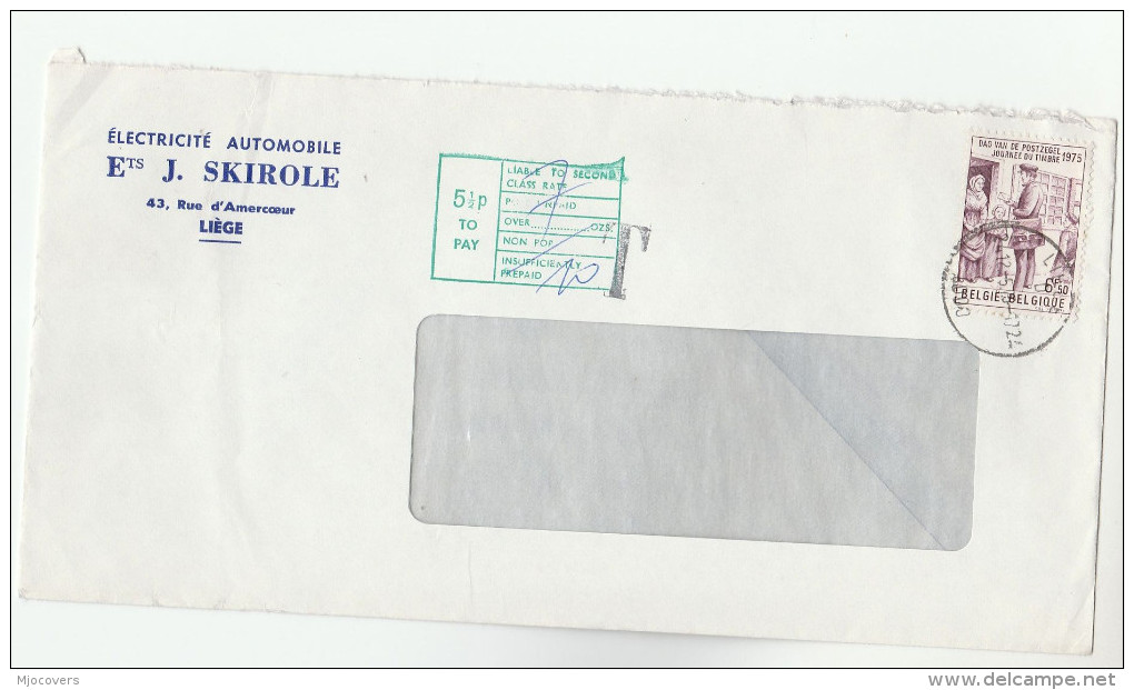 1975 BELGIUM 6.50f Stamp Day Stamps COVER UNDERPAID To GB With  5 1/2p TO PAY  LIABLE TO SECOND CLASS RATE - Covers & Documents