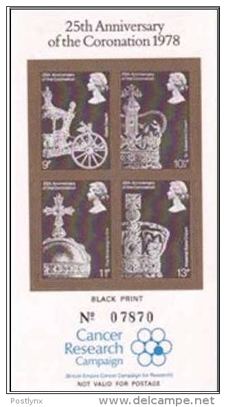 BULK: 2 X GREAT BRITAIN 1978. Coronation Cancer 25p. BLACKPRINT IMPERF Sheetlet (4 Stamps)    [épreuve Druckprobe] - Essays, Proofs & Reprints