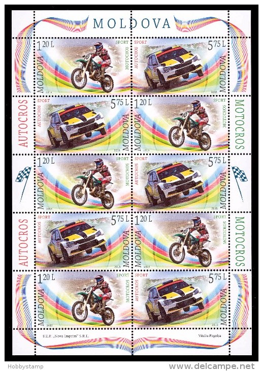 Moldova 2015, Motorbikes Cars Motocross Autocross, Sheetlet Of 5 Sets, MNH - Moldova