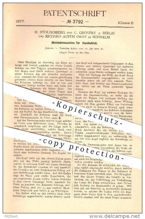 Original Patent - H. Stolzenberg , C. Gronert In Berlin U. Richard Auffm Ordt In Schwelm , 1877 , Steinbohrmaschine !! - Documenti Storici