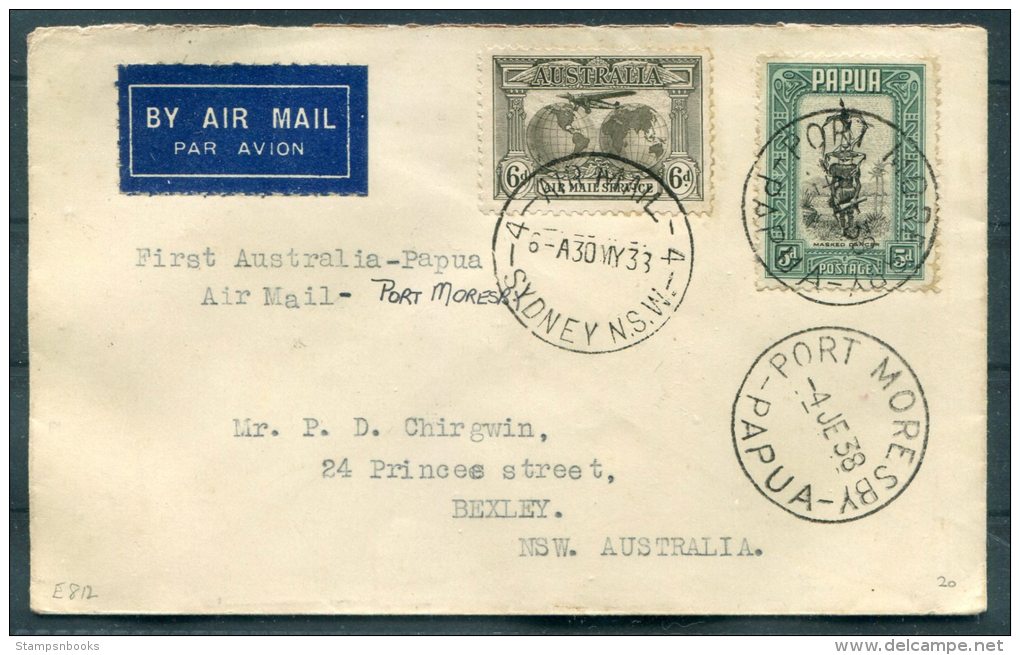 1938 Papua Port Moresby Australia Sydney Bexley NSW First Flight Airmail Cover - Papua New Guinea