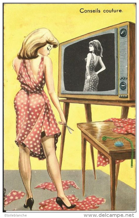 Pin-up, Femme Devant écran Télé, TV Noir Et Blanc 'conseils Couture' (robe, Bas, Talons) - Dessin Signé Carrière - Pin-Ups