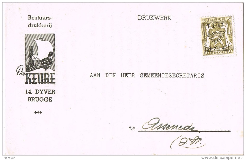 15814. Tarjeta Privada Preobliterado  BRUGGE (Belgien) 1942. Roulotte. Die KEURE Motor - Rolstempels 1900-09