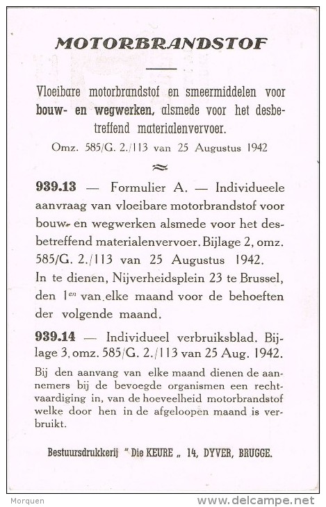 15814. Tarjeta Privada Preobliterado  BRUGGE (Belgien) 1942. Roulotte. Die KEURE Motor - Rolstempels 1900-09
