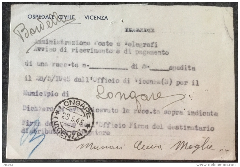 Avviso Di Raccomandata Osp. Civ. Vicenza 29/5/45 Francobollo 1 Lira F.lli Bandiera - Posta Espresso