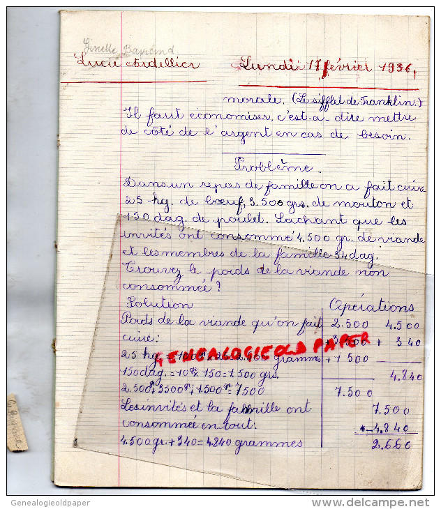 38 - BARRAGE DU CHAMBON - CAHIER ECOLE- LUCIE ARDELLIER  CHATEAUPONSAC-1936- LA VICLAIRE USINE HYDRO ELECTRIQUE - Altri & Non Classificati