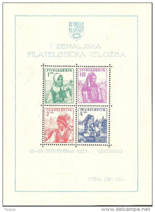 Yugoslavia 1937 Mi# Block 1 ** MNH - 1st Yugoslavian Phil. Exhib., Belgrade / National Costumes - Unused Stamps