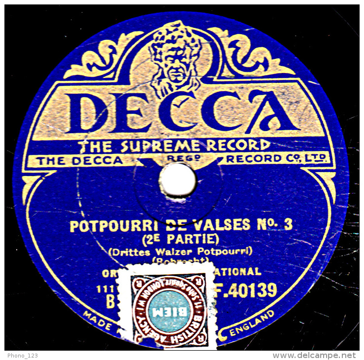 78 Trs - 25 Cm - état B -  ORCHESTRE INTERNATIONAL - POTPOURRI DE VALSES 1re Et 2e PARTIES - 78 T - Disques Pour Gramophone