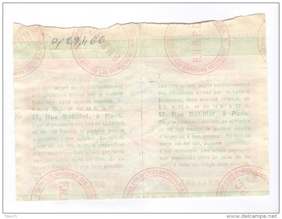 Billet Loterie Nationale -1937- Blessés Du Poumon - 5ème Tranche - Billets De Loterie