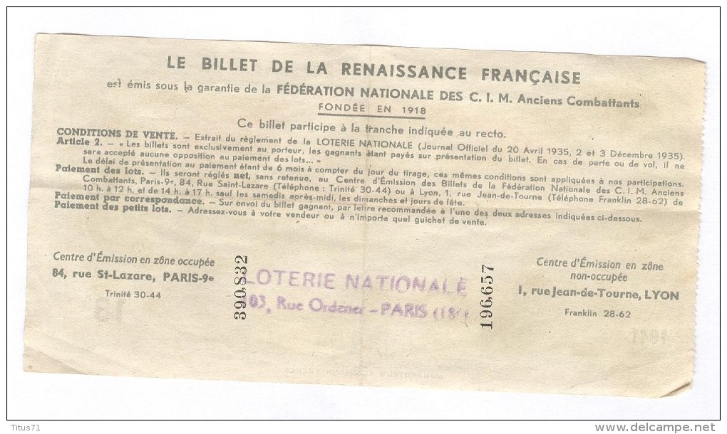 Billet Loterie Nationale -1941 - Billet De La Renaissance Française - 13ème Tranche - Billets De Loterie