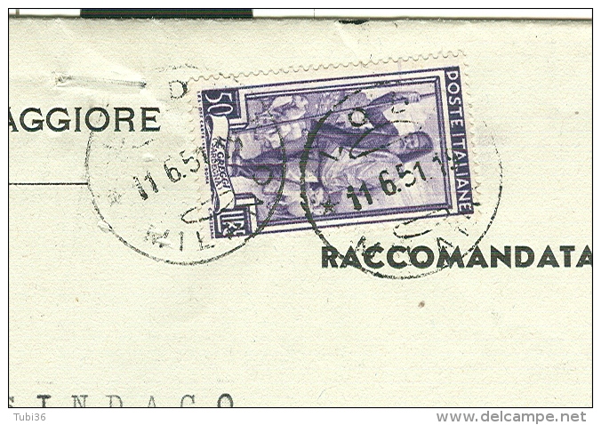 ITALIA LAVORO £. 50  (S 647) ISOLATO IN TARIFFA RACCOMANDATA APERTA SU B.P , VIAGGIATA  1951-TIMBRO POSTE LODI-LIVRAGA, - 1946-60: Storia Postale