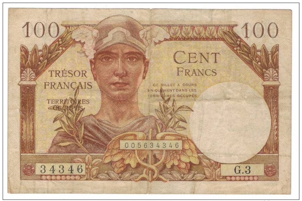 France 100 Fr, TRESOR,  P-M9,  Used, FREE SHIP TO USA. - 1947 Tesoro Francés