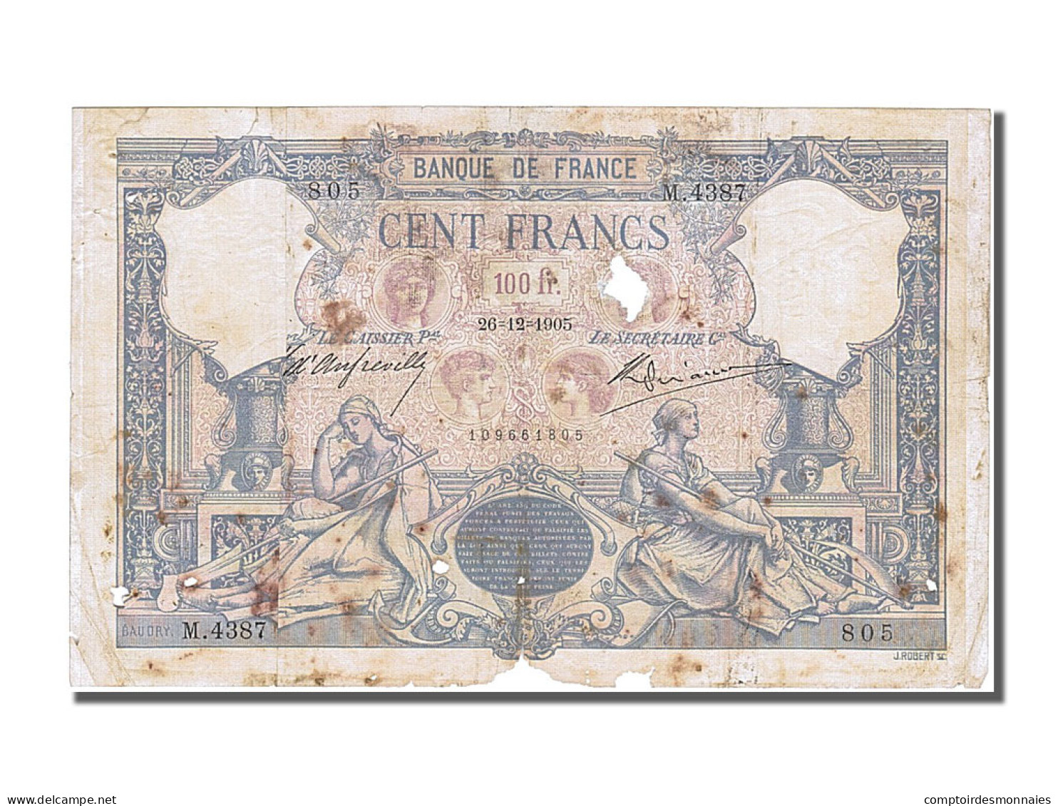 Billet, France, 100 Francs, 100 F 1888-1909 ''Bleu Et Rose'', 1905, 1905-12-26 - 100 F 1888-1909 ''Bleu Et Rose''