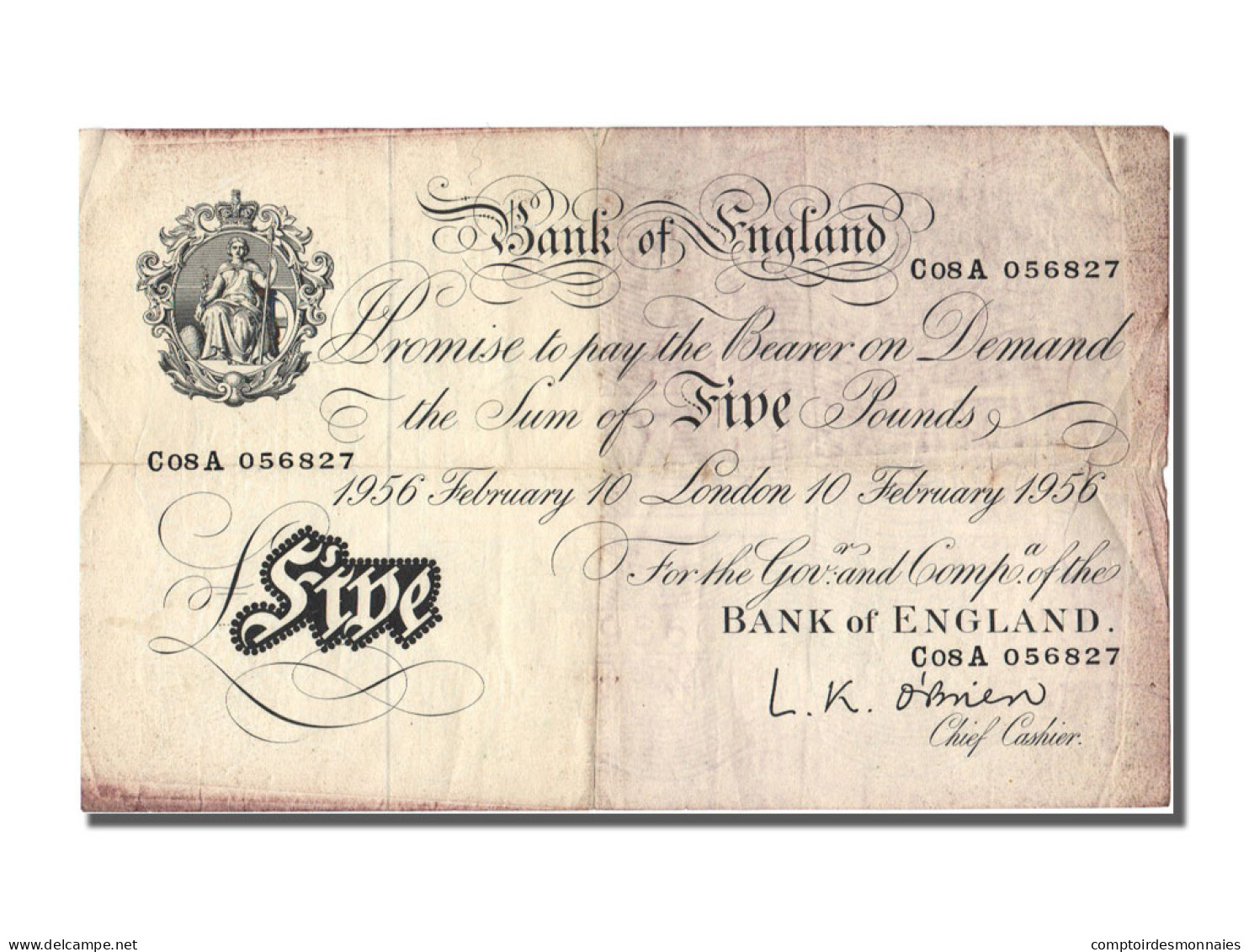 Billet, Grande-Bretagne, 5 Pounds, 1956, 1956-02-10, TTB - 5 Pounds