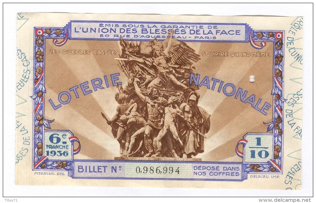 Billet Loterie Nationale -1936 - Union Des Bléssés De La Face - 6ème Tranche - Loterijbiljetten