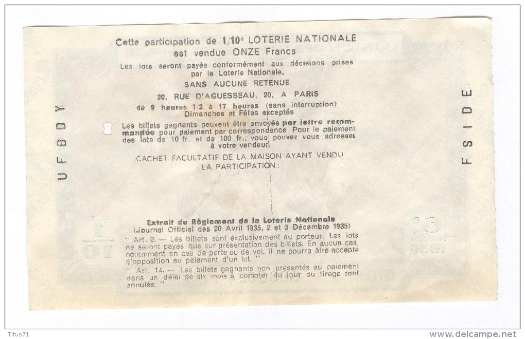 Billet Loterie Nationale -1936 - Union Des Bléssés De La Face - 6ème Tranche - Billets De Loterie