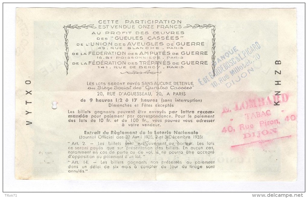 Billet Loterie Nationale -1937 - Les Gueules Cassées - 3ème Tranche - Billets De Loterie