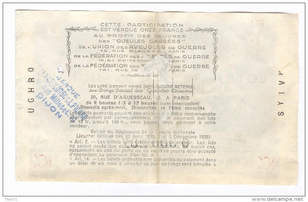 Billet Loterie Nationale -1937 - Les Gueules Cassées - 10ème Tranche - Billets De Loterie