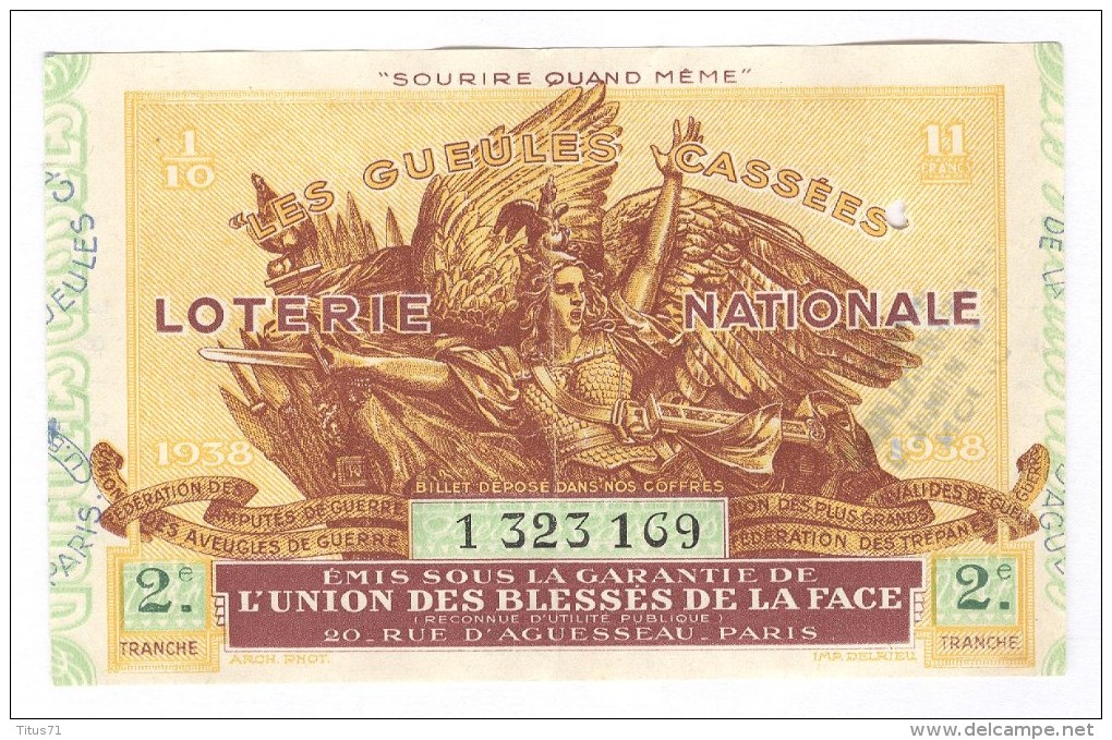 Billet Loterie Nationale -1938 - Les Gueules Cassées - 2ème Tranche - Billets De Loterie