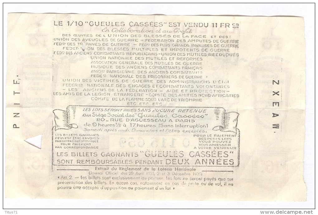 Billet Loterie Nationale -1939 - Les Gueules Cassées - 16ème Tranche - Billets De Loterie