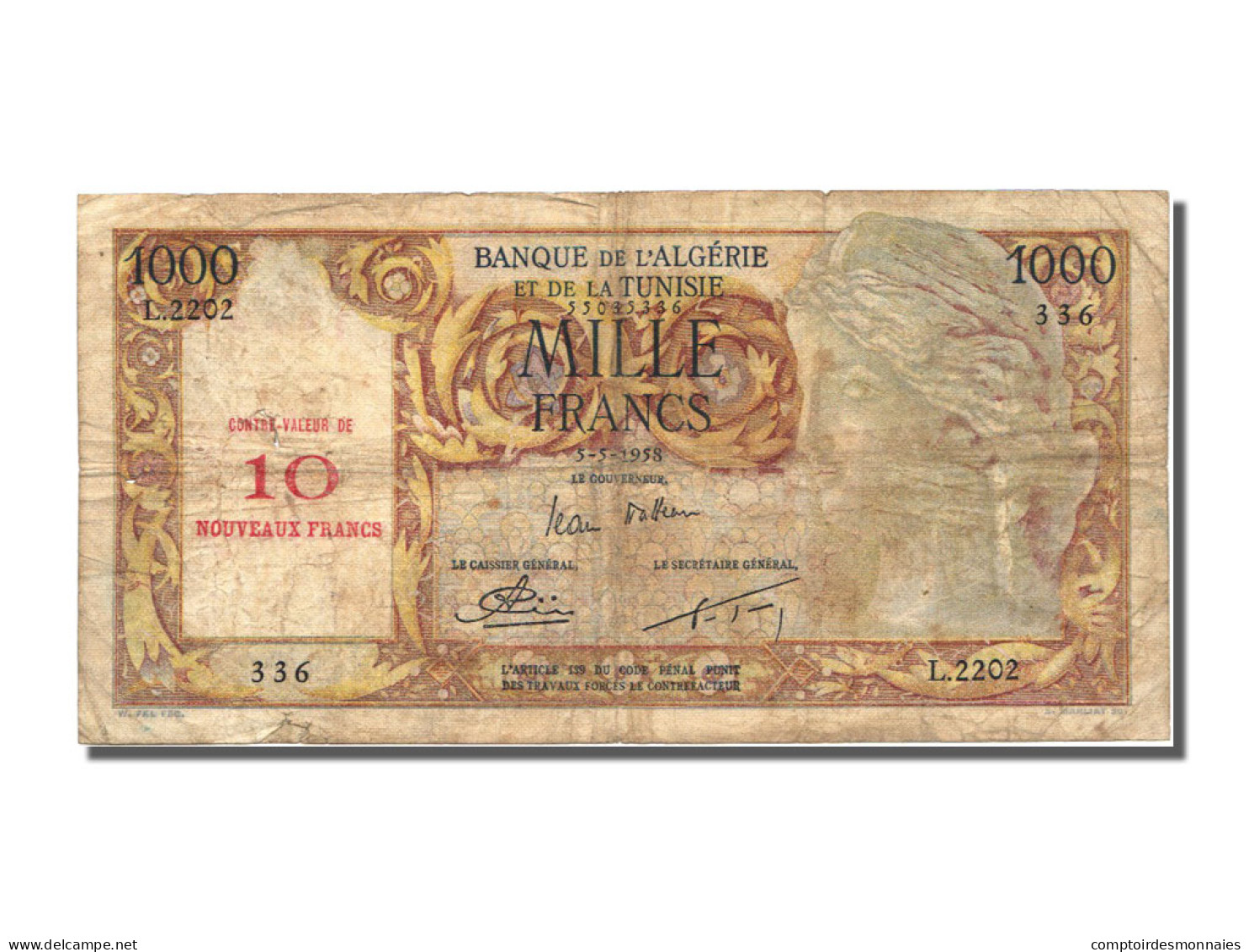 Billet, Algeria, 10 NF On 1000 Francs, 1958, 1958-05-05, TB - Algeria