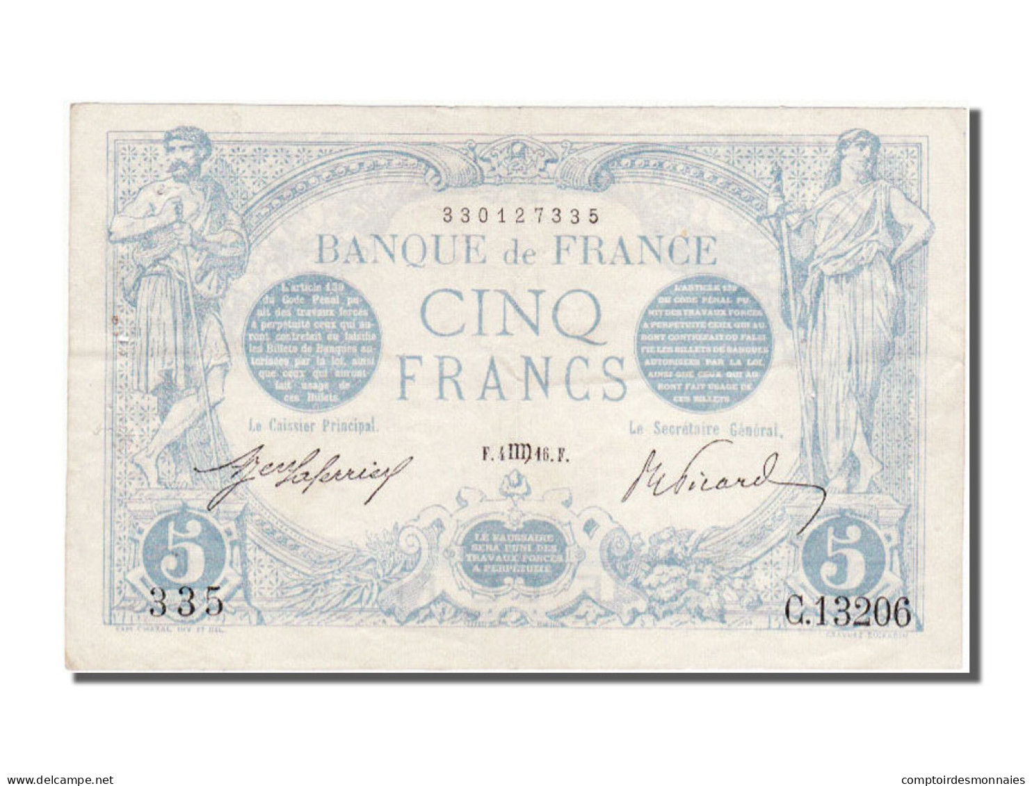 Billet, France, 5 Francs, 5 F 1912-1917 ''Bleu'', 1916, 1916-08-04, TTB+ - 5 F 1912-1917 ''Bleu''