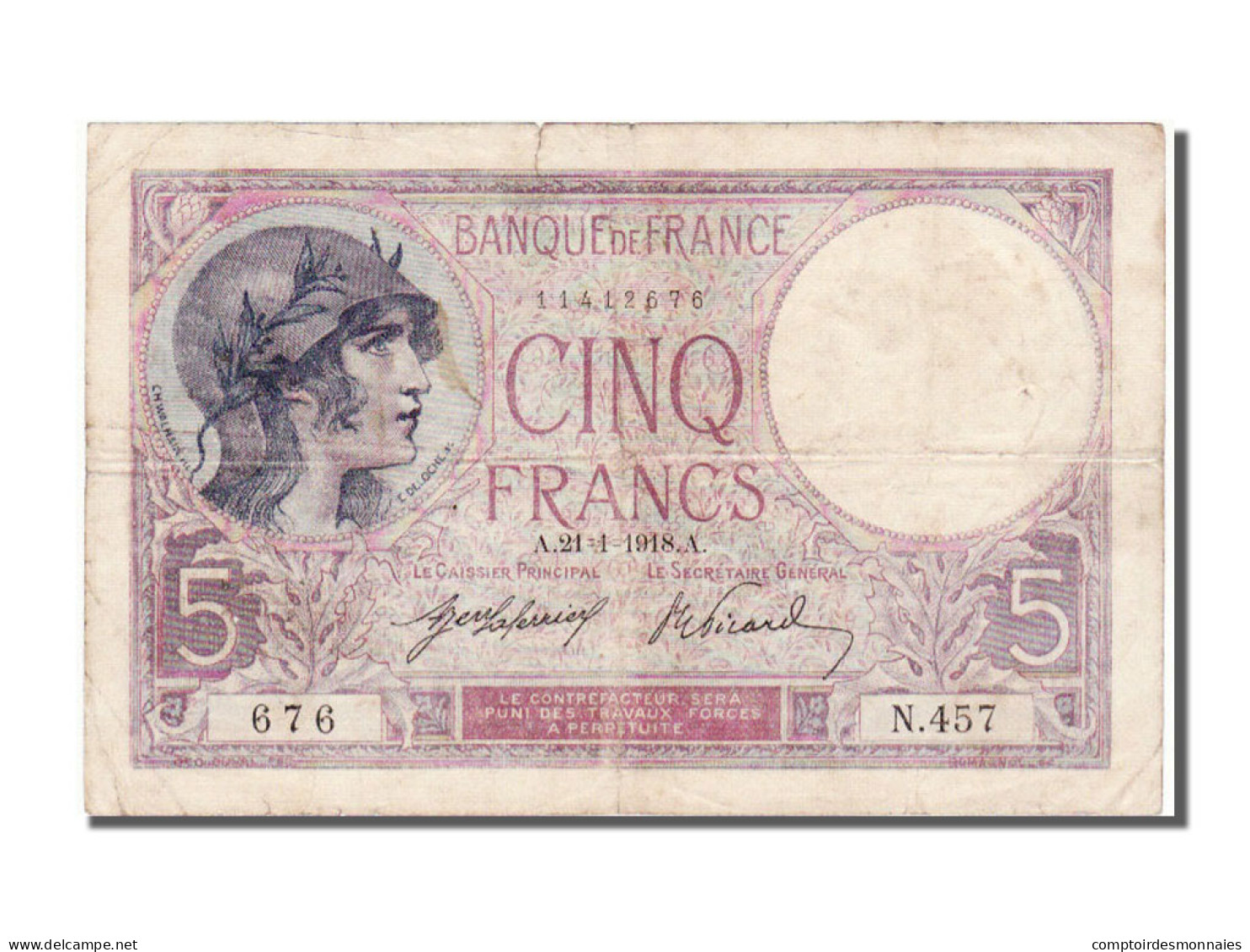 Billet, France, 5 Francs, 5 F 1917-1940 ''Violet'', 1918, 1918-01-21, TTB - 5 F 1917-1940 ''Violet''