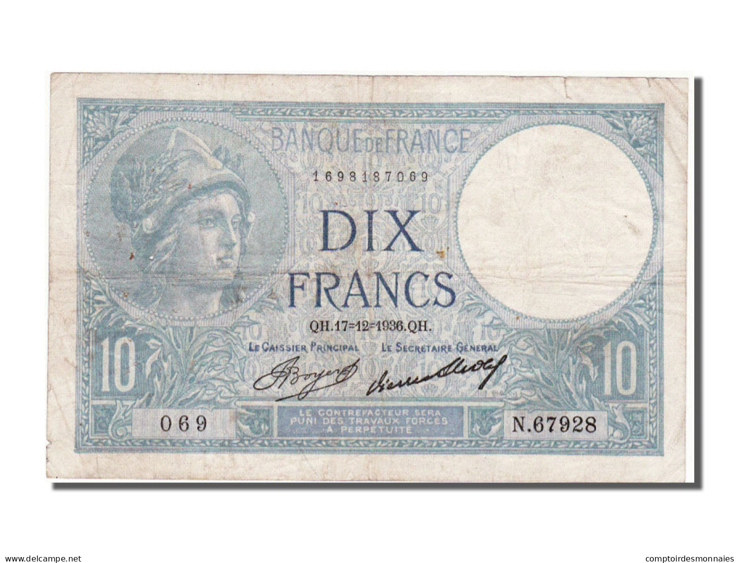 Billet, France, 10 Francs, 10 F 1916-1942 ''Minerve'', 1936, 1936-10-17, TTB - 10 F 1916-1942 ''Minerve''