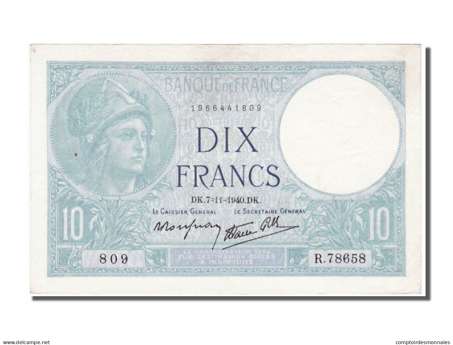 Billet, France, 10 Francs, 10 F 1916-1942 ''Minerve'', 1940, 1940-11-07, SUP+ - 10 F 1916-1942 ''Minerve''