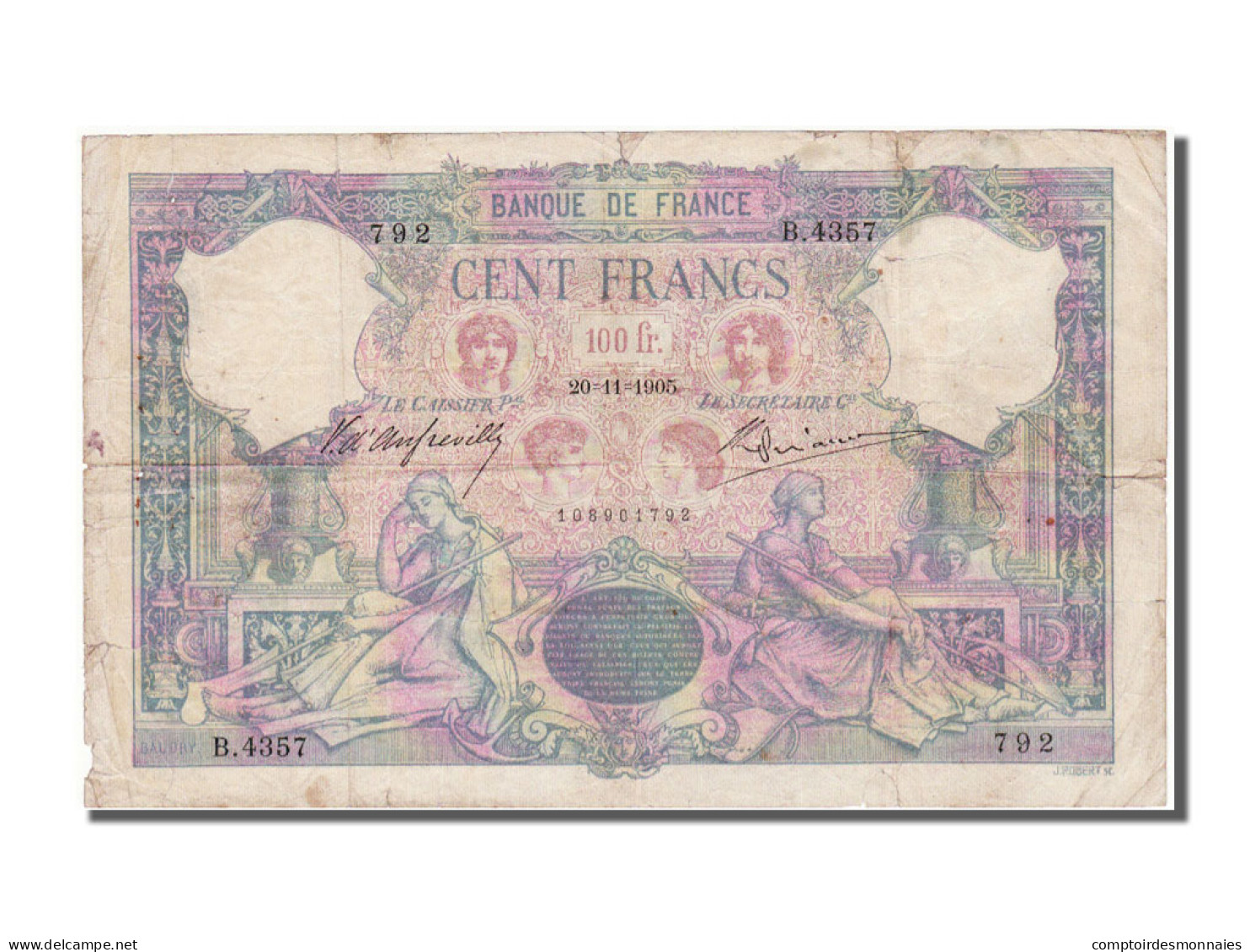 Billet, France, 100 Francs, 100 F 1888-1909 ''Bleu Et Rose'', 1905, 1905-11-20 - 100 F 1888-1909 ''Bleu Et Rose''