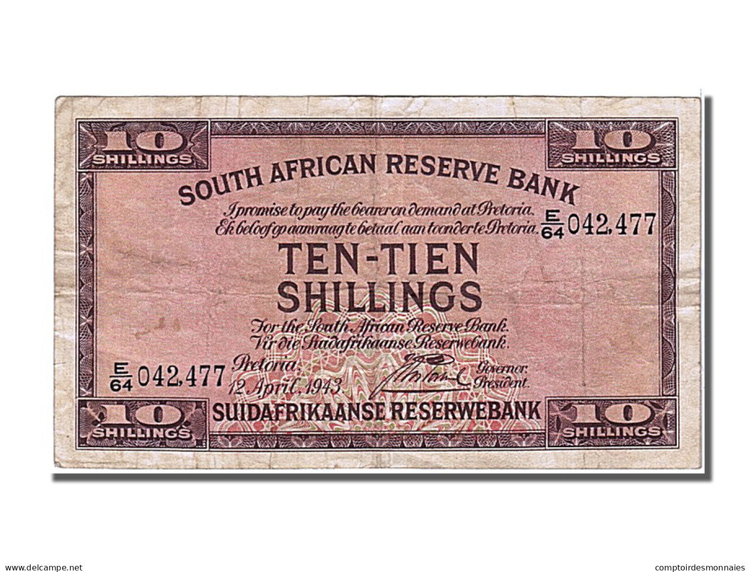 Billet, Afrique Du Sud, 10 Shillings, 1943, 1943-04-12, TTB - Afrique Du Sud