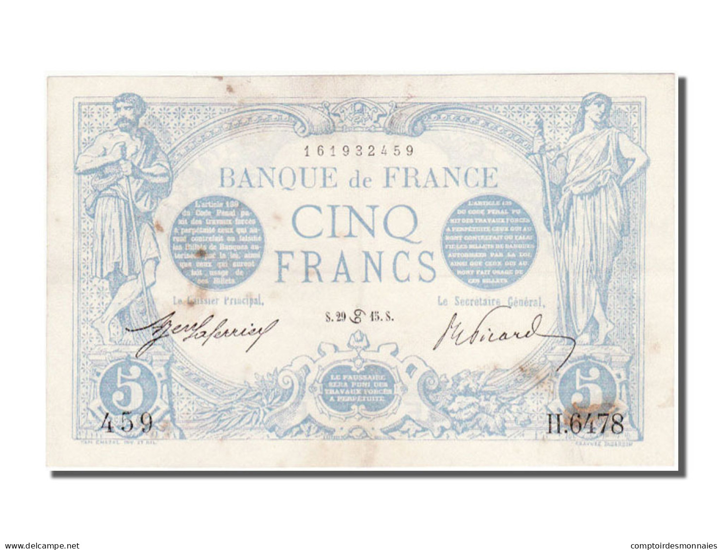 Billet, France, 5 Francs, 5 F 1912-1917 ''Bleu'', 1915, 1915-06-29, TTB - 5 F 1912-1917 ''Bleu''