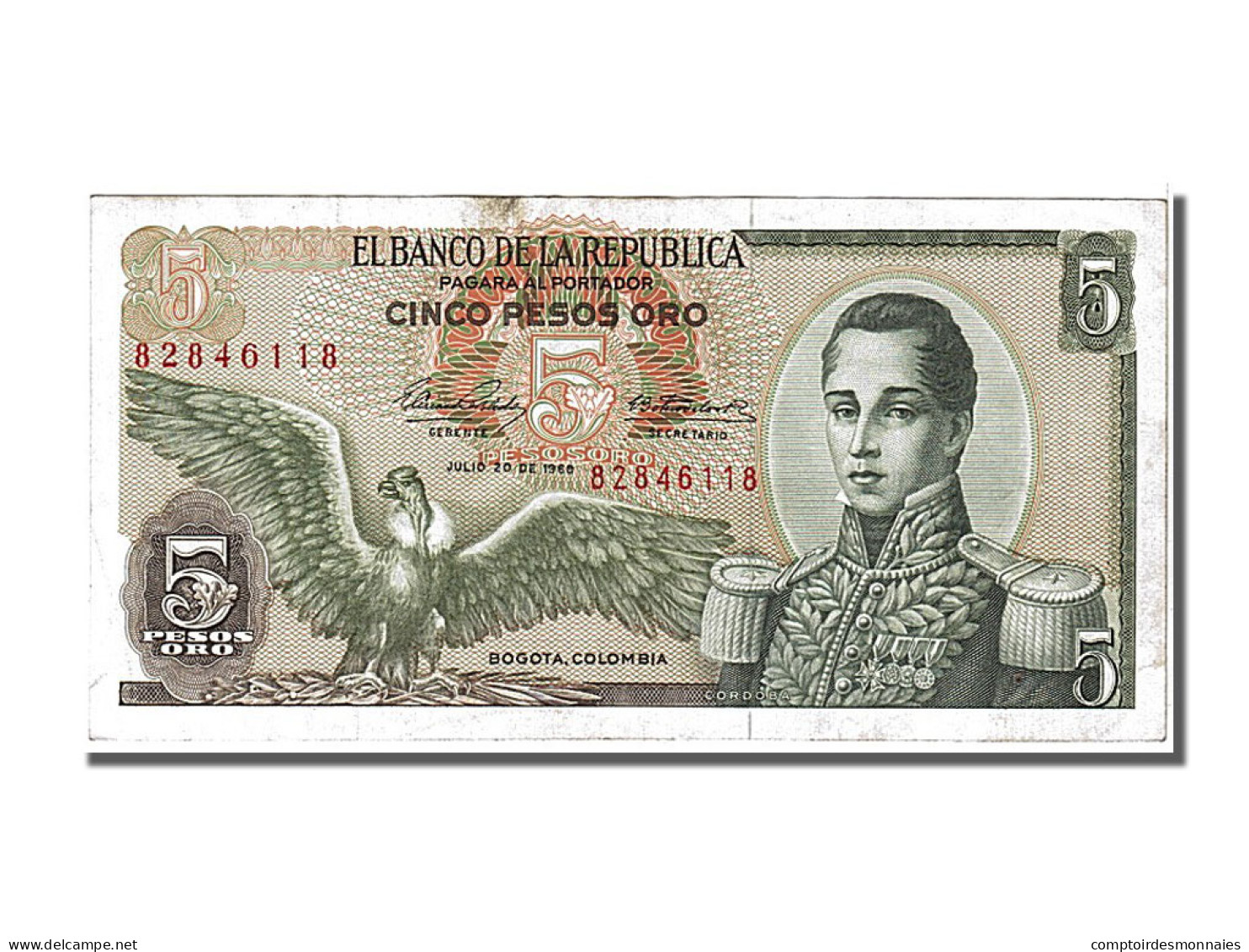 Billet, Colombie, 5 Pesos Oro, 1968, 1968-07-20, TTB - Colombie