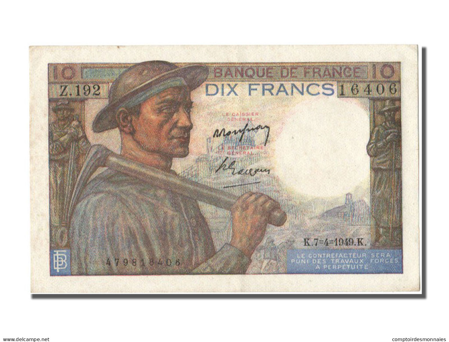 Billet, France, 10 Francs, 10 F 1941-1949 ''Mineur'', 1949, 1949-04-07, SUP+ - 10 F 1941-1949 ''Mineur''