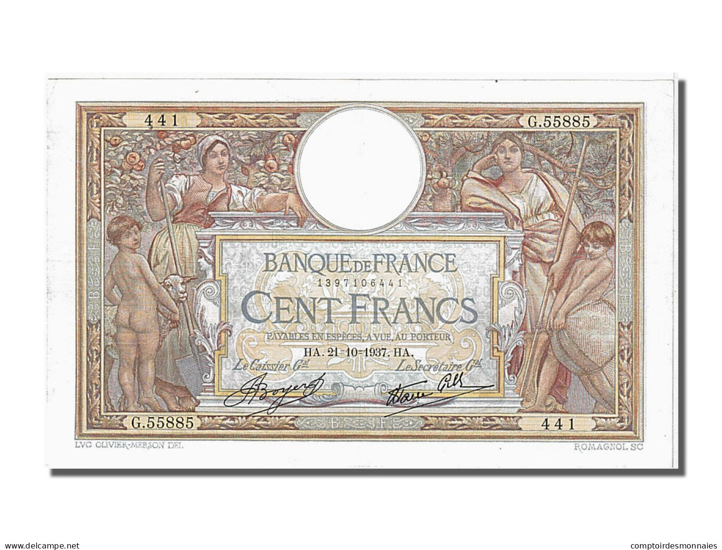 Billet, France, 100 Francs, 100 F 1908-1939 ''Luc Olivier Merson'', 1937 - 100 F 1908-1939 ''Luc Olivier Merson''