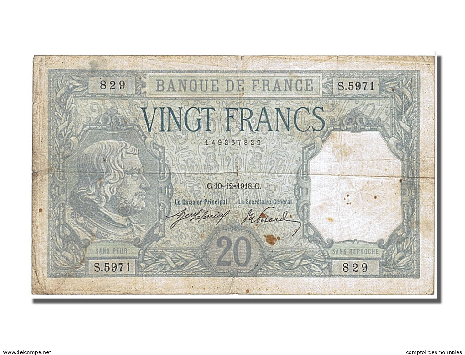 Billet, France, 20 Francs, 20 F 1916-1919 ''Bayard'', 1918, 1918-12-10, TB+ - 20 F 1916-1919 ''Bayard''