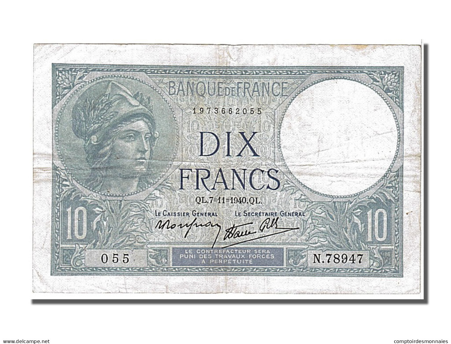 Billet, France, 10 Francs, 10 F 1916-1942 ''Minerve'', 1940, 1940-11-07, TTB - 10 F 1916-1942 ''Minerve''