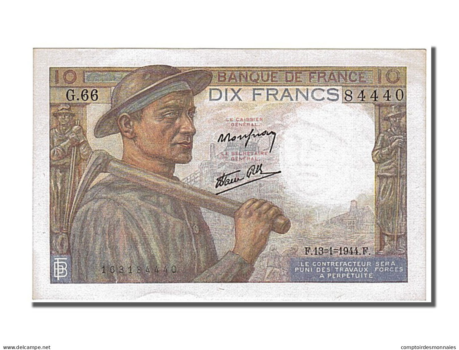 Billet, France, 10 Francs, 10 F 1941-1949 ''Mineur'', 1944, 1944-01-13, SPL+ - 10 F 1941-1949 ''Mineur''