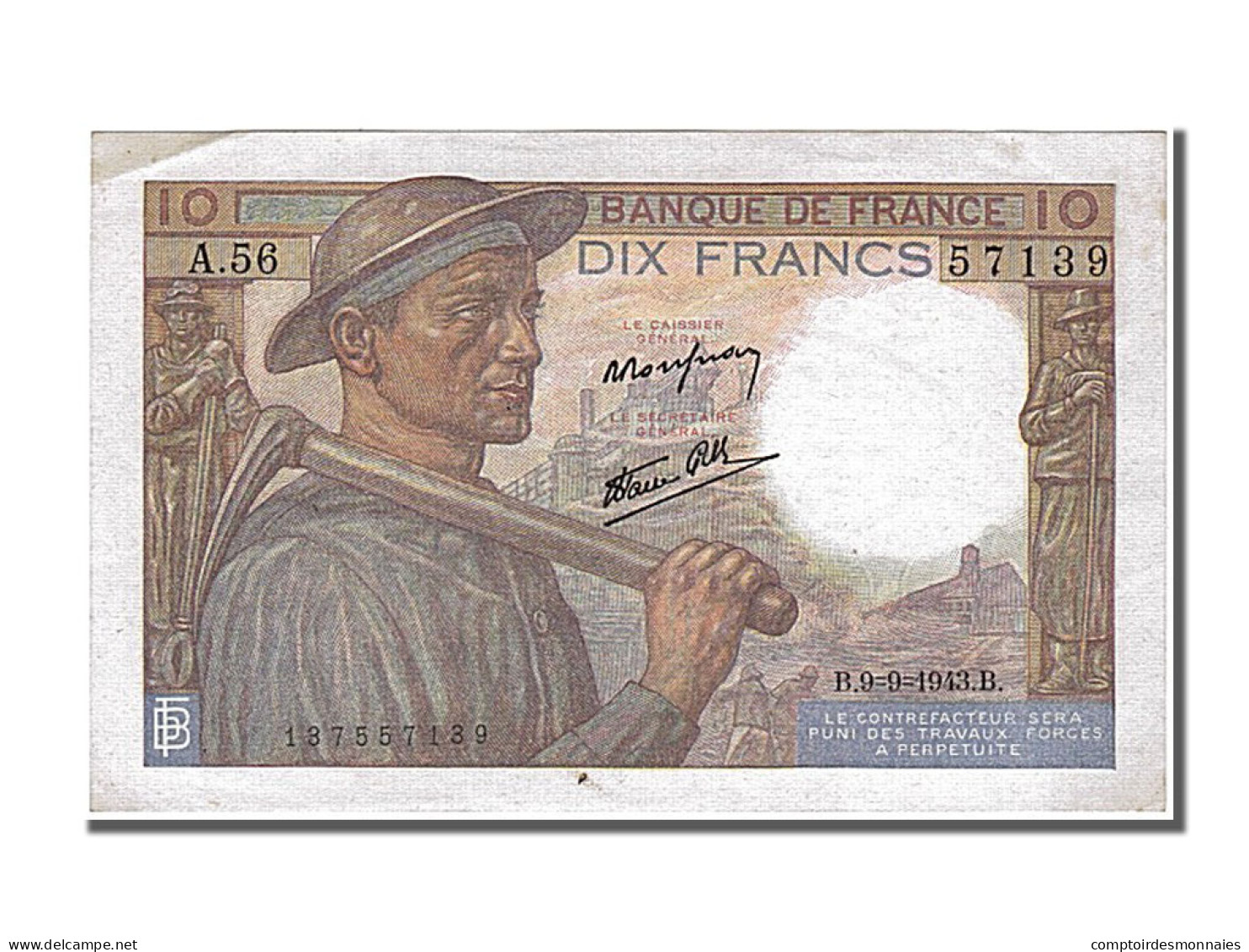Billet, France, 10 Francs, 10 F 1941-1949 ''Mineur'', 1943, 1943-09-09, SPL+ - 10 F 1941-1949 ''Mineur''