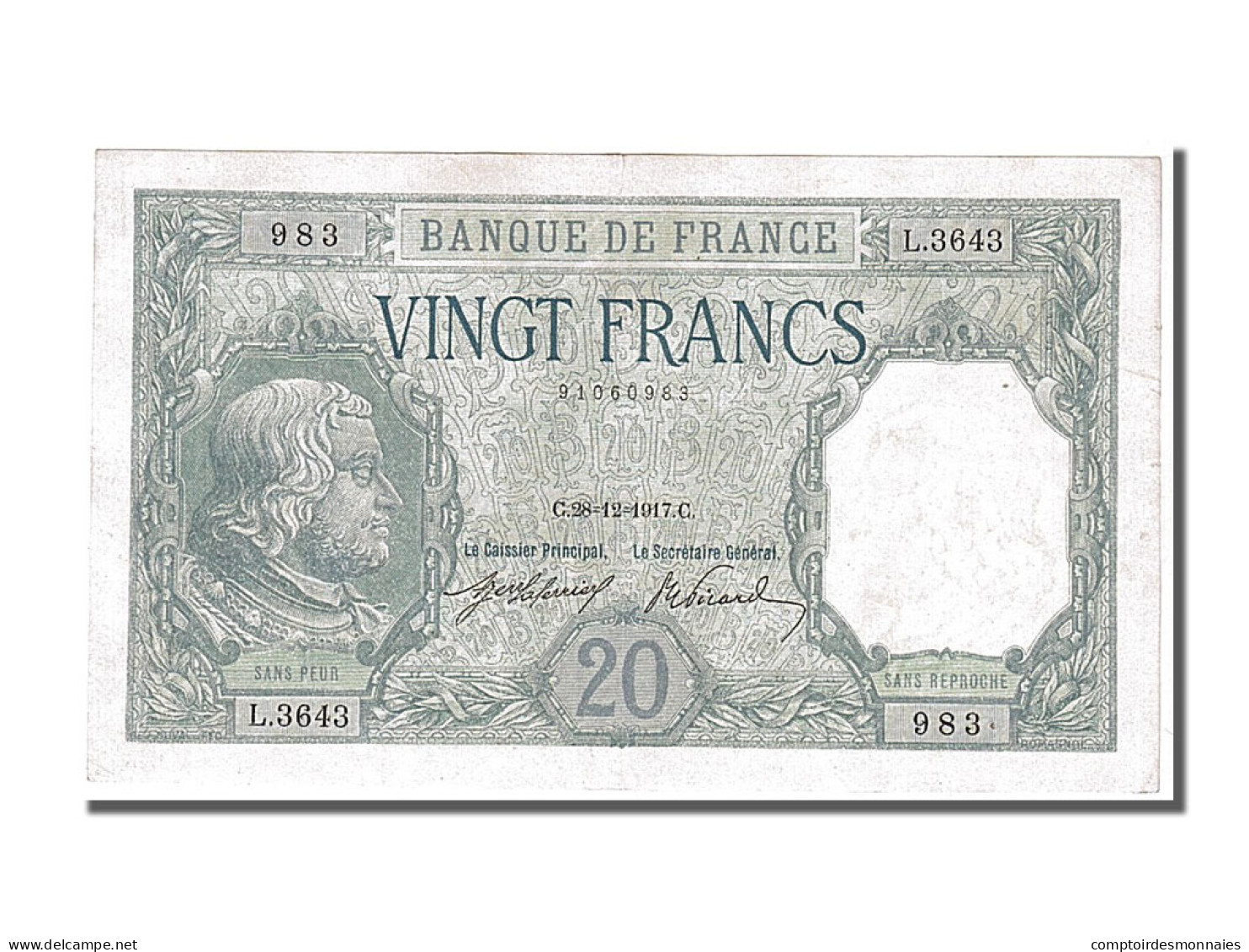 Billet, France, 20 Francs, 20 F 1916-1919 ''Bayard'', 1917, 1917-12-28, TTB+ - 20 F 1916-1919 ''Bayard''