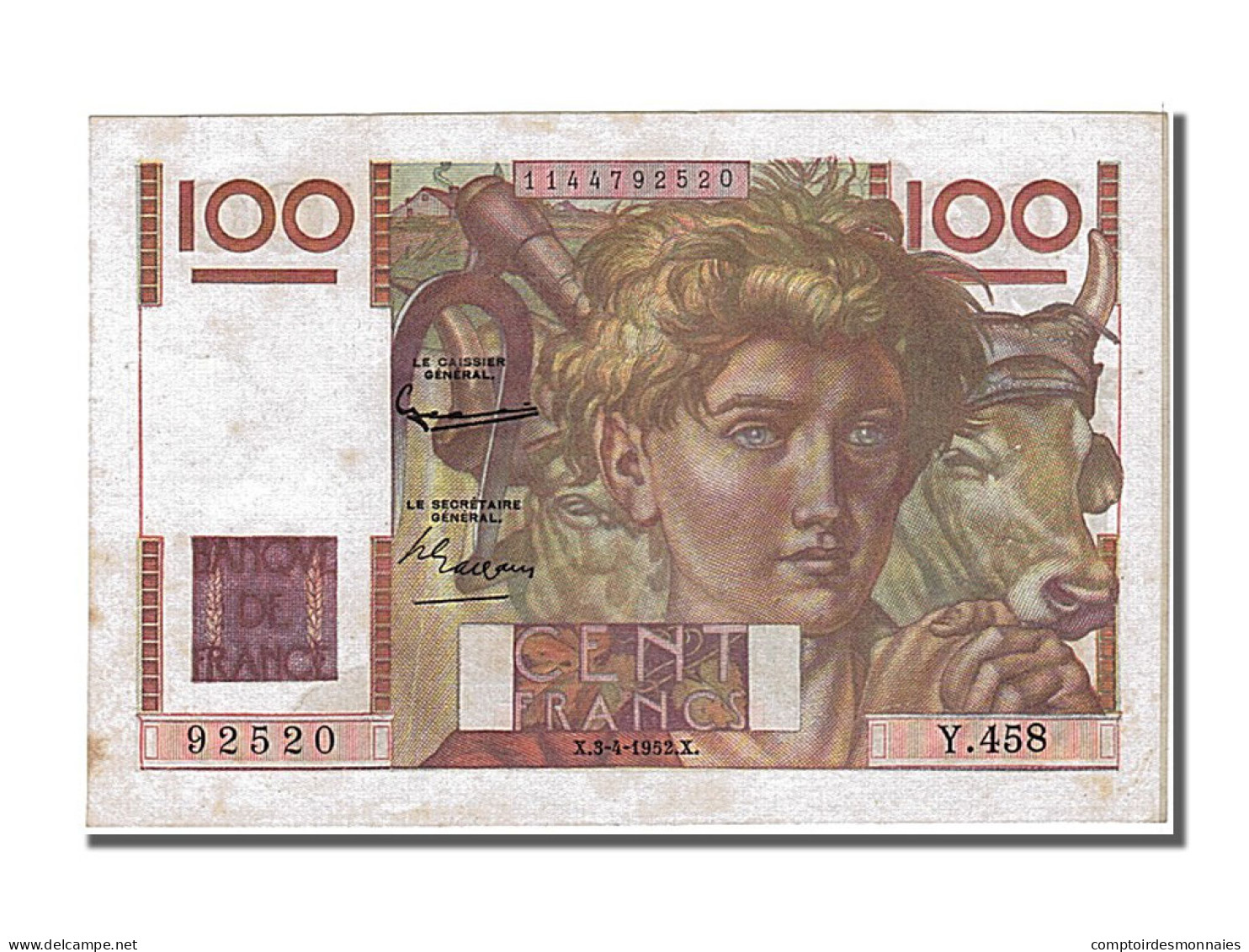 Billet, France, 100 Francs, 100 F 1945-1954 ''Jeune Paysan'', 1952, 1952-04-03 - 100 F 1945-1954 ''Jeune Paysan''