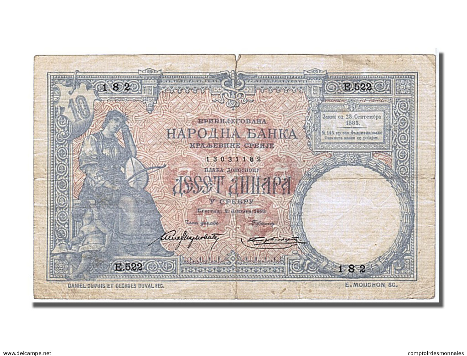 Billet, Serbie, 10 Dinara (srebru), 1893, 1893-01-02, TB+ - Serbie