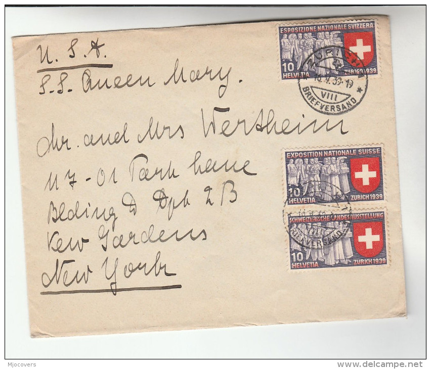 1939  SWITZERLAND COVER Via SHIP ' SS QUEEN MARY ' To USA Franked 3x SUISSE NATIONAL EXPOSITION Stamps - Briefe U. Dokumente