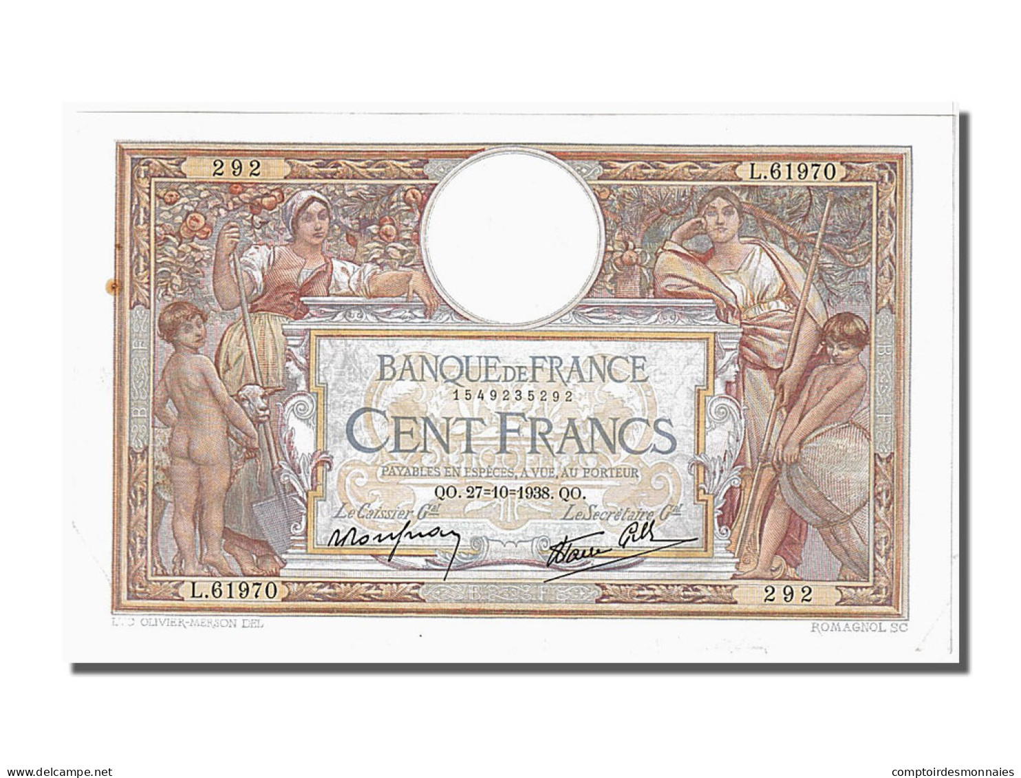 Billet, France, 100 Francs, 100 F 1908-1939 ''Luc Olivier Merson'', 1938 - 100 F 1908-1939 ''Luc Olivier Merson''