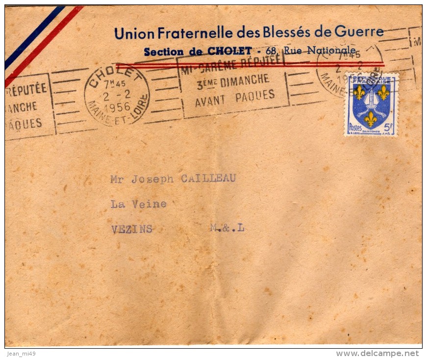 LETTRE - Union Fraternelle Des Blessés De Guerre - Section De CHOLET - 68 Rue Nationale - Lettre Du 2-02-1956 - Guerre D'Algérie