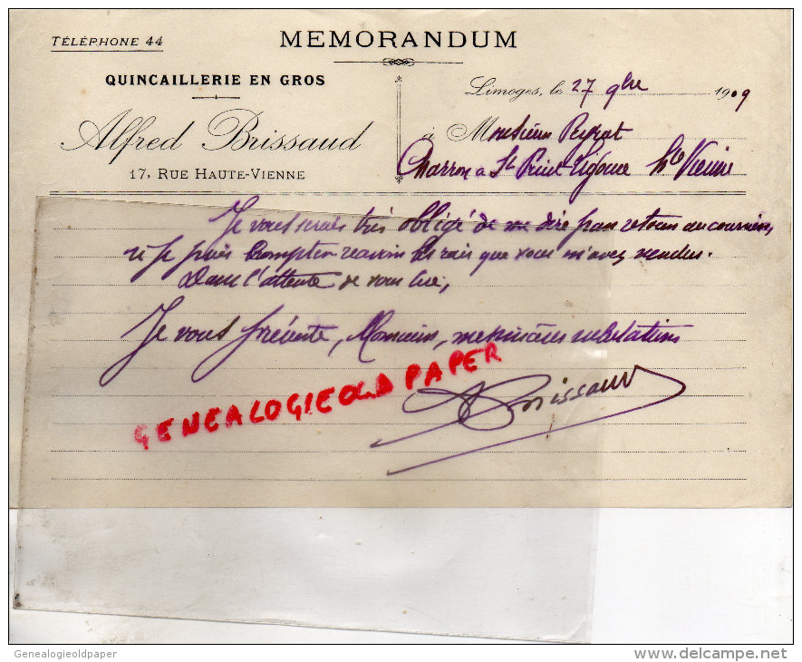 87 - LIMOGES - MEMORANDUM  ALFRED BRISSAUD-QUINCAILLERIE 17 RUE HAUTE VIENNE -1909-M. PEYRAT ST PRIEST LIGOURE - 1900 – 1949