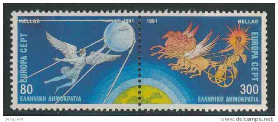 Greece Grece Hellas 1991 Mi 1777 /8 A Pair ** Icarus Pushing Satellite “Sputnik” + Sun God Helios On Chariot - Neufs